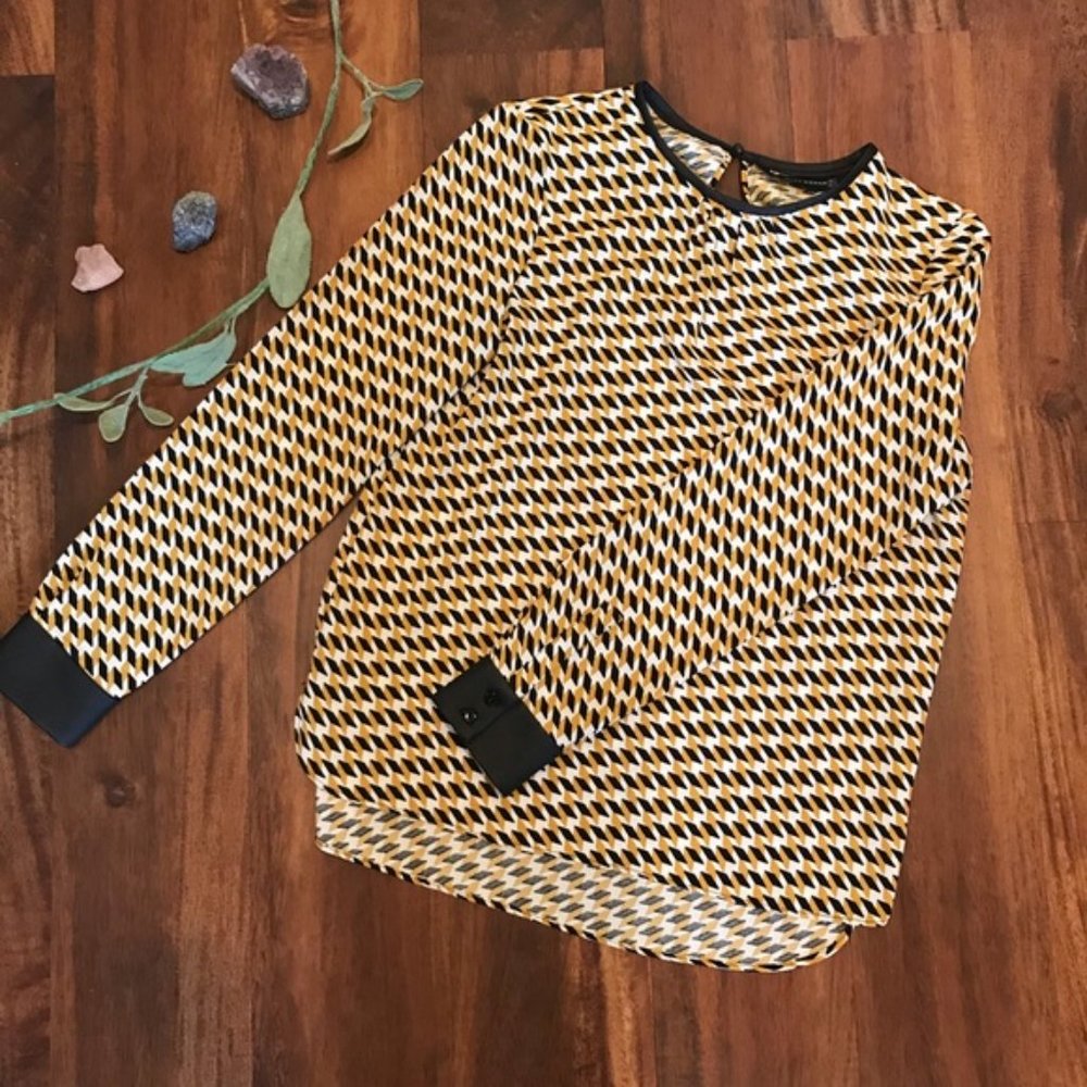 Zara Woman Faux Leather Detail Geometric Blouse